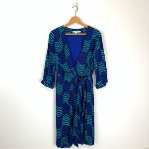 Boden Blue Geometric Dot Wrap Silk Blend Dress Size 8 Long
